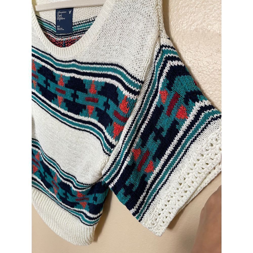 AEO Sweater Knit Aztec Southwestern Print Womens Small/P White green Orange Blue - Picture 3 of 7